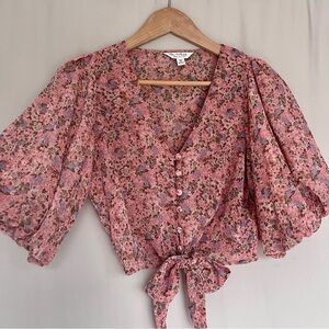 Miss Selfridge Peach Floral Metallic Thread Puff Sleeve Tie Front Crop Top • US4